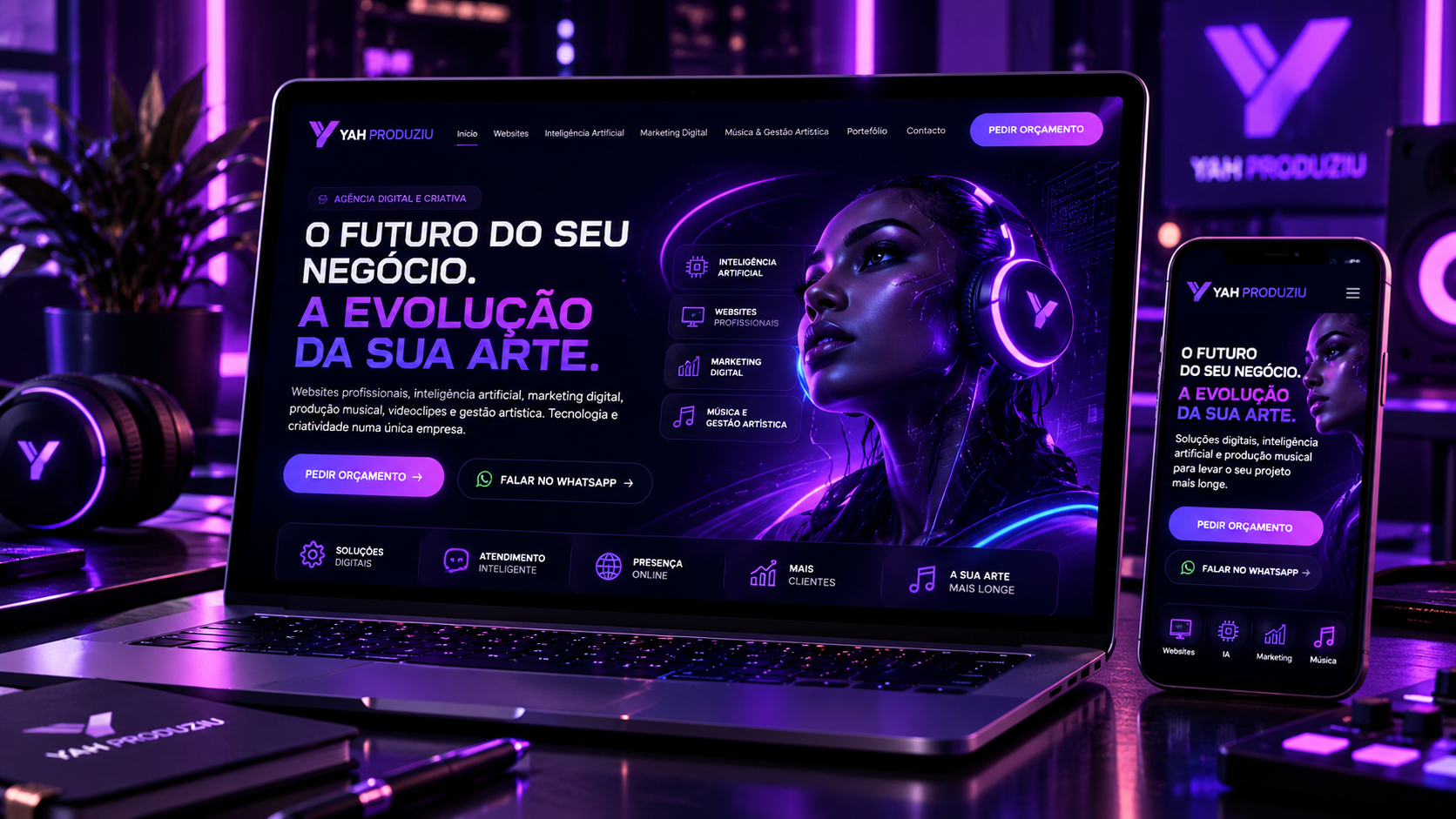 Website YAH PRODUZIU num computador e smartphone, num ambiente futurista com iluminação roxa neon